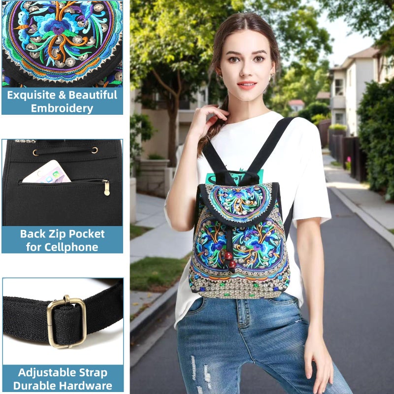 Goodhan Vintage Embroidered Women Backpack Ethnic Travel Handbag Shoulder Bag, 12x10x5 inch - Image 4